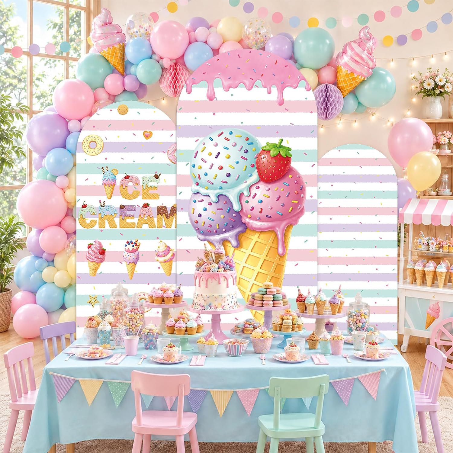 Custom 2-sided Striped Ice Cre - Dessert Table Backdrop ulasan dan harga